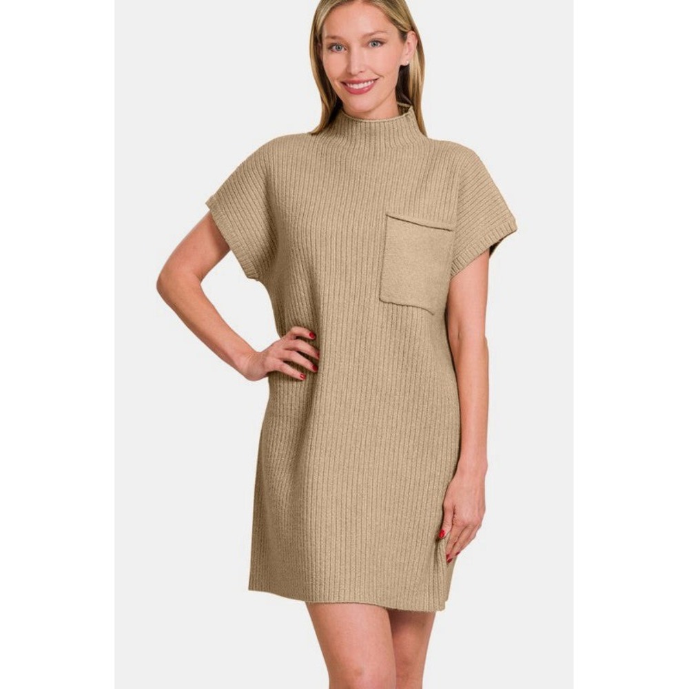 Zenana Ribbed Mock Neck Sweater Dress Camel Brown Short Sleeve Pocket Medium